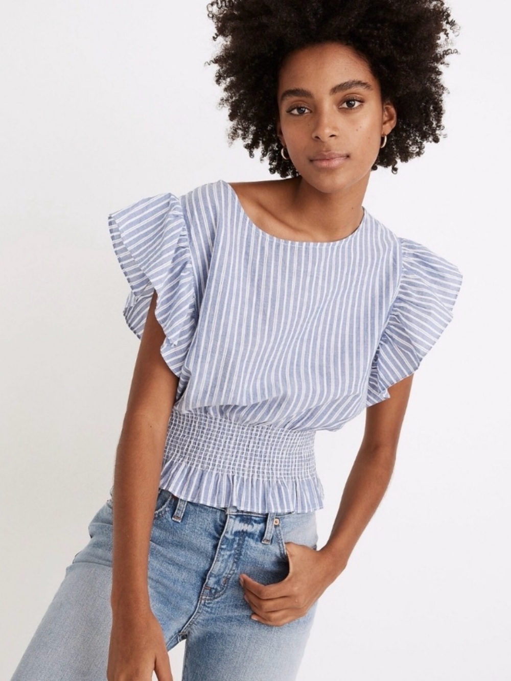 Madewell Blue White Striped Flutter Sleeve Smocked Waist Crop Short Sleeve Top
